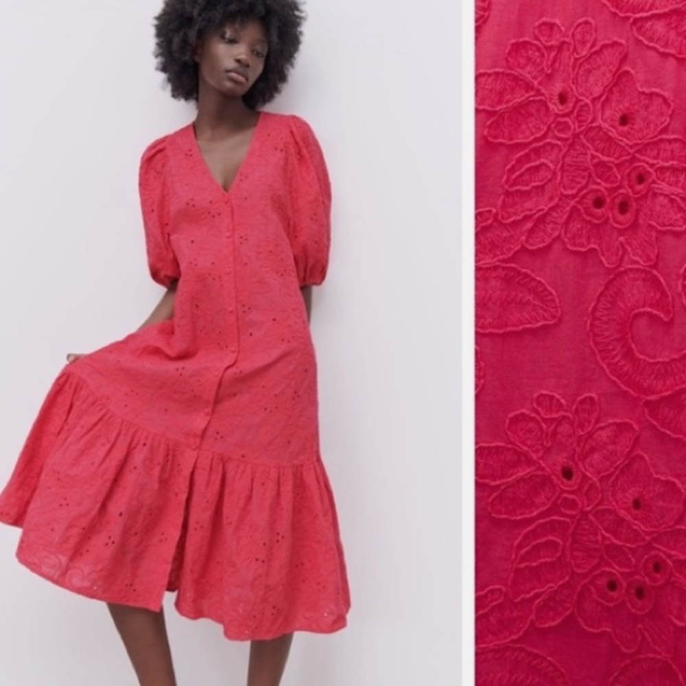 Hot pink eyelet midi dress